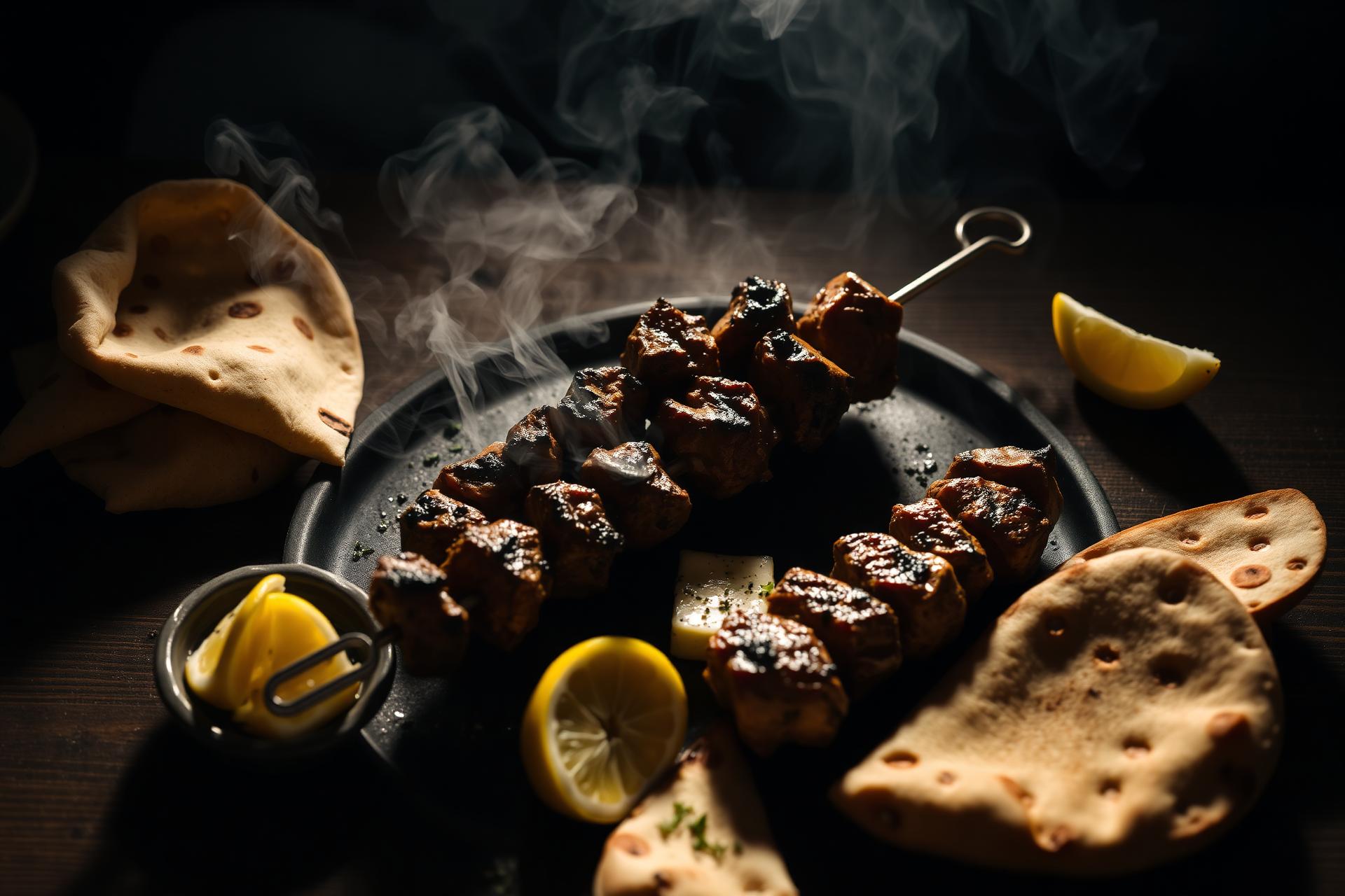 Grilled Greek and Cypriot kebabs over charcoal